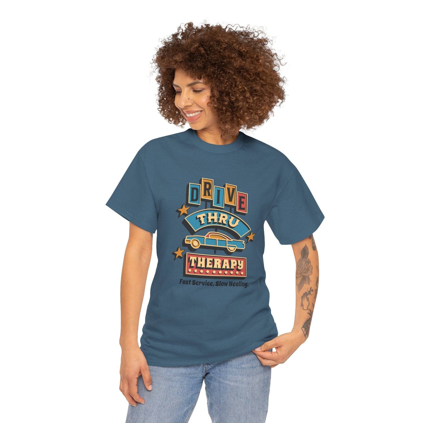 Drive Thru Therapy Unisex Heavy Cotton Tee - Fast Service, Slow Healing - Its Fine, I Am Fine