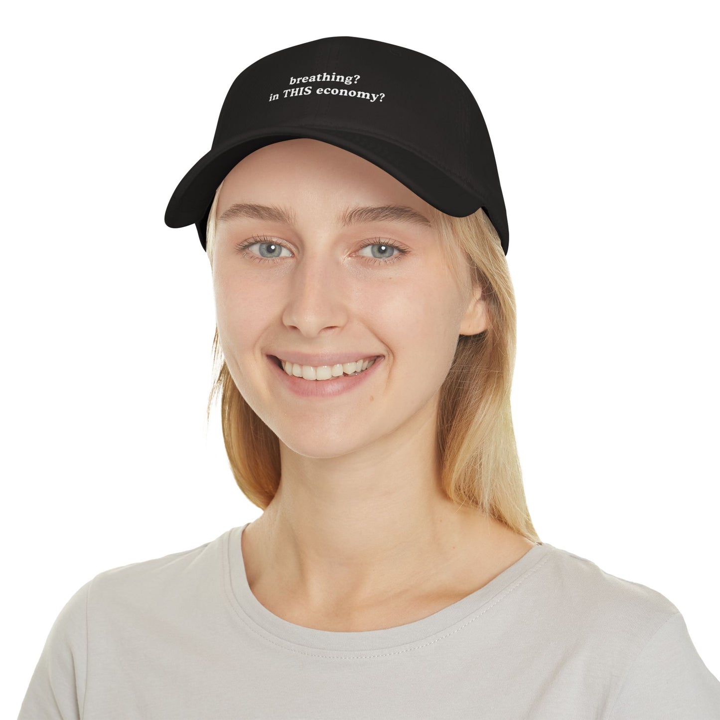 Funny Low Profile Baseball Cap - "breathing? in THIS economy?" - Its Fine, I Am Fine