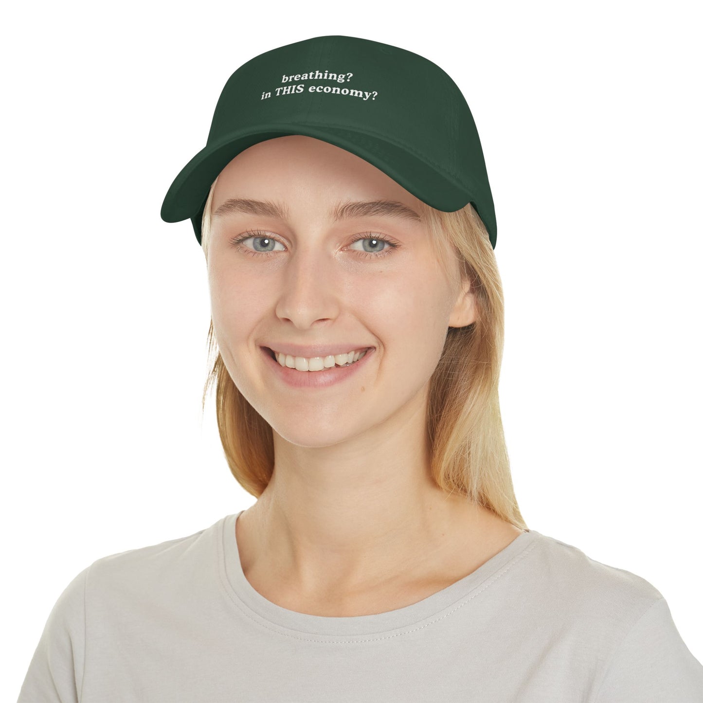 Funny Low Profile Baseball Cap - "breathing? in THIS economy?" - Its Fine, I Am Fine