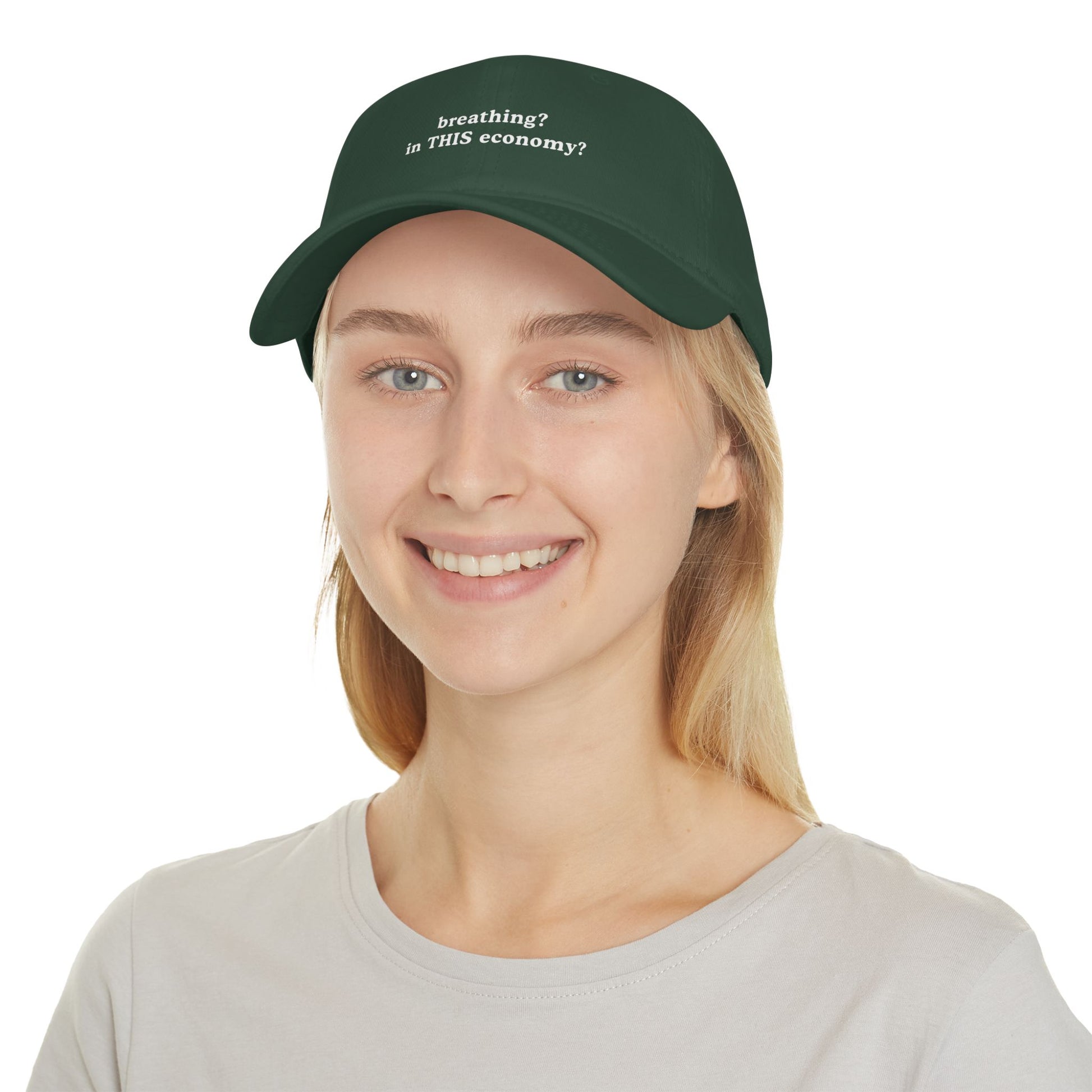 Funny Low Profile Baseball Cap - "breathing? in THIS economy?" - Its Fine, I Am Fine