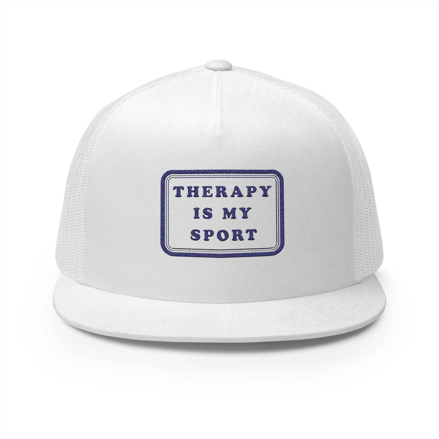 "Therapy Is My Sport" 5 Panel Trucker Cap - Funny Embroidered Hat for Casual Wear - Its Fine, I Am Fine