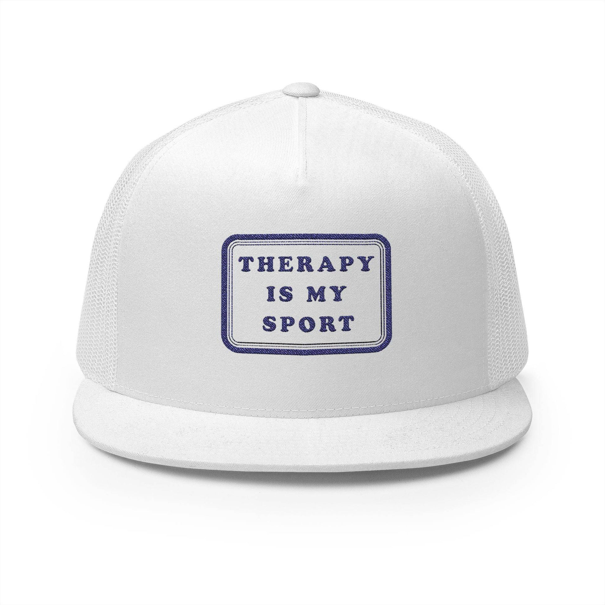 "Therapy Is My Sport" 5 Panel Trucker Cap - Funny Embroidered Hat for Casual Wear - Its Fine, I Am Fine