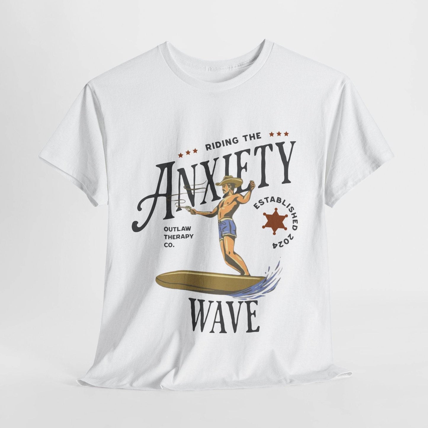 Riding the Anxiety Wave Unisex Heavy Cotton Tee - Relaxed Fit Stress Relief Shirt - Its Fine, I Am Fine