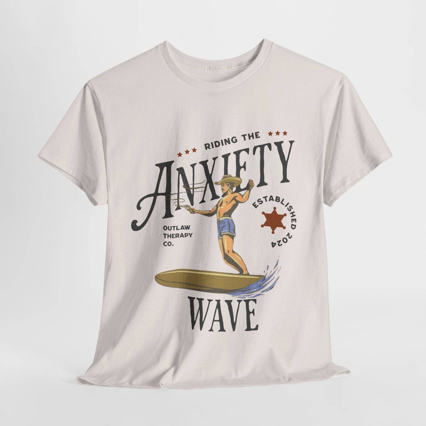 Riding the Anxiety Wave Unisex Heavy Cotton Tee - Relaxed Fit Stress Relief Shirt - Its Fine, I Am Fine
