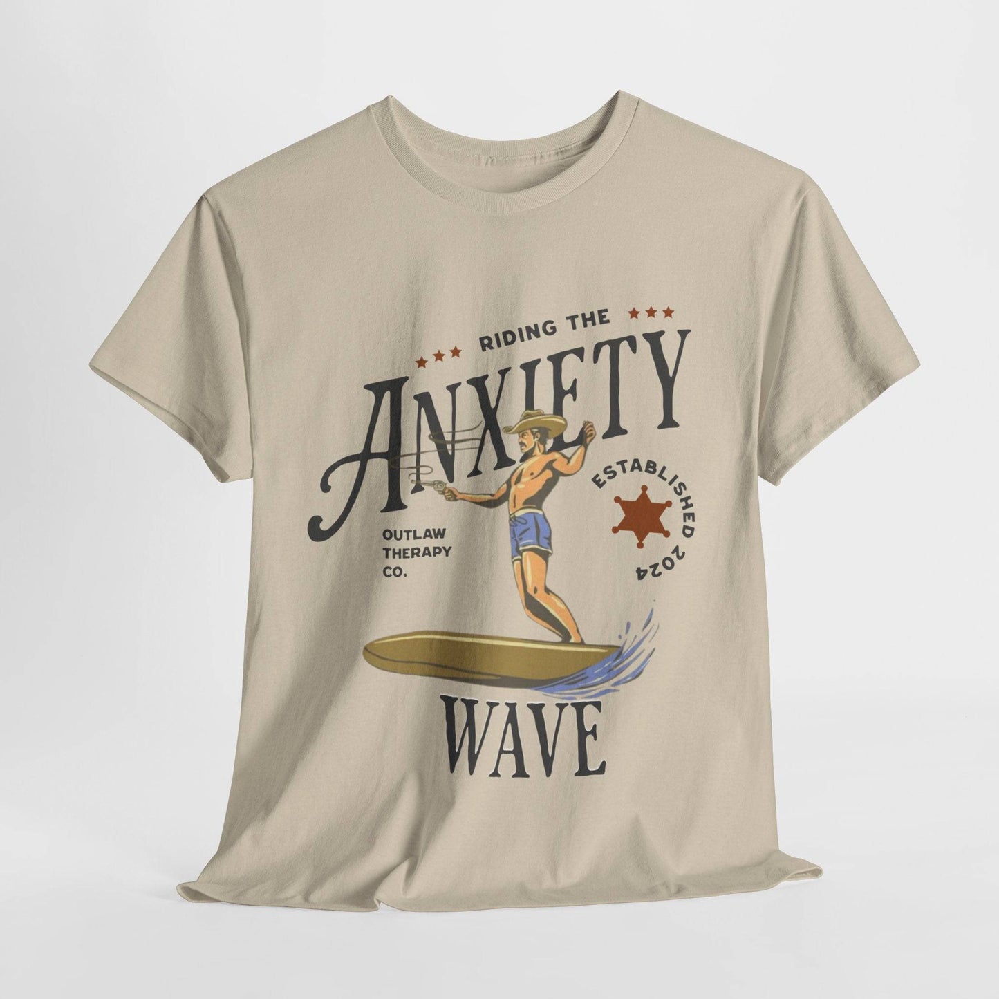 Riding the Anxiety Wave Unisex Heavy Cotton Tee - Relaxed Fit Stress Relief Shirt - Its Fine, I Am Fine