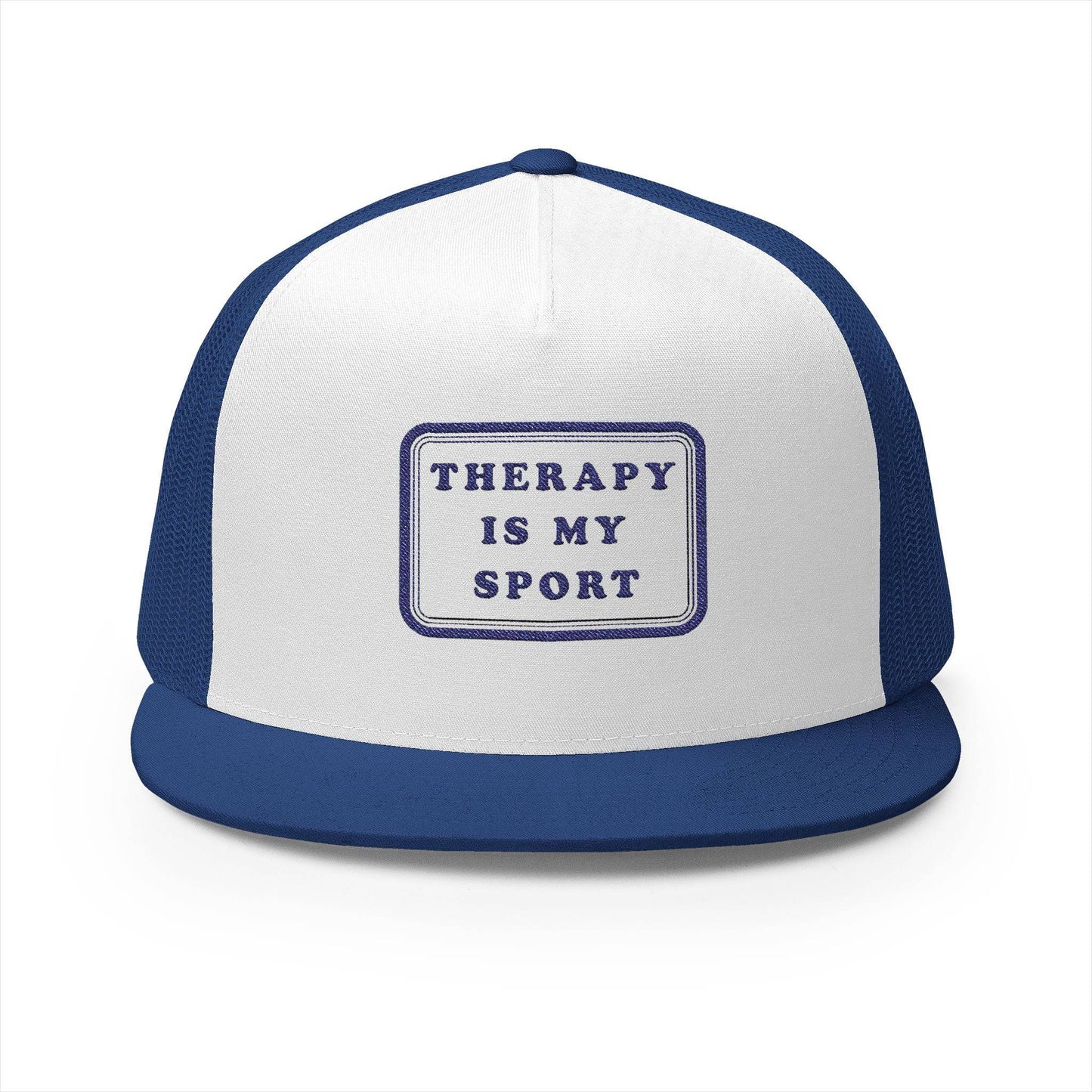 "Therapy Is My Sport" 5 Panel Trucker Cap - Funny Embroidered Hat for Casual Wear - Its Fine, I Am Fine