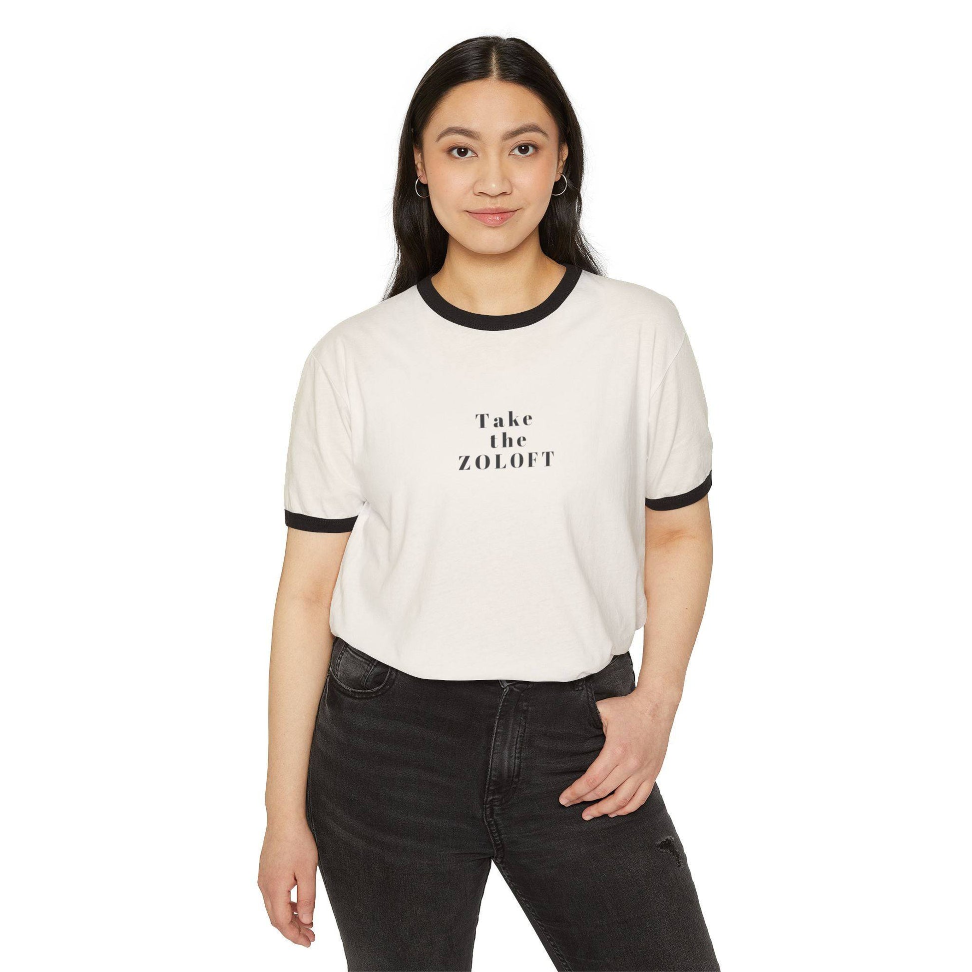 ZOLOFT Unisex Ringer T-Shirt - Retro Style Tee, Mental Health Awareness Gift, Casual Wear - Its Fine, I Am Fine