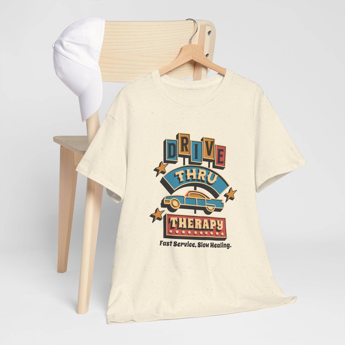 Drive Thru Therapy Unisex Heavy Cotton Tee - Fast Service, Slow Healing - Its Fine, I Am Fine