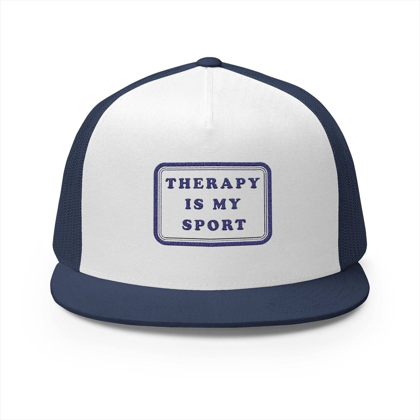 "Therapy Is My Sport" 5 Panel Trucker Cap - Funny Embroidered Hat for Casual Wear - Its Fine, I Am Fine