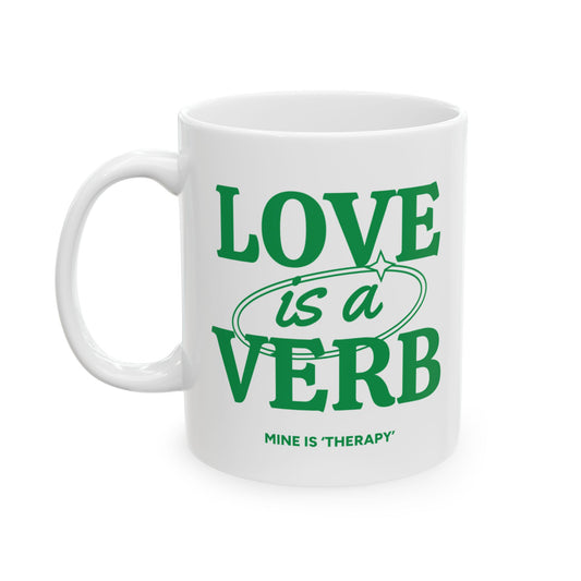 Love & Verb Ceramic Mug - Fun Coffee Cup for Writers, Teachers, and Gift Givers, Perfect for Birthdays and Creative Celebrations