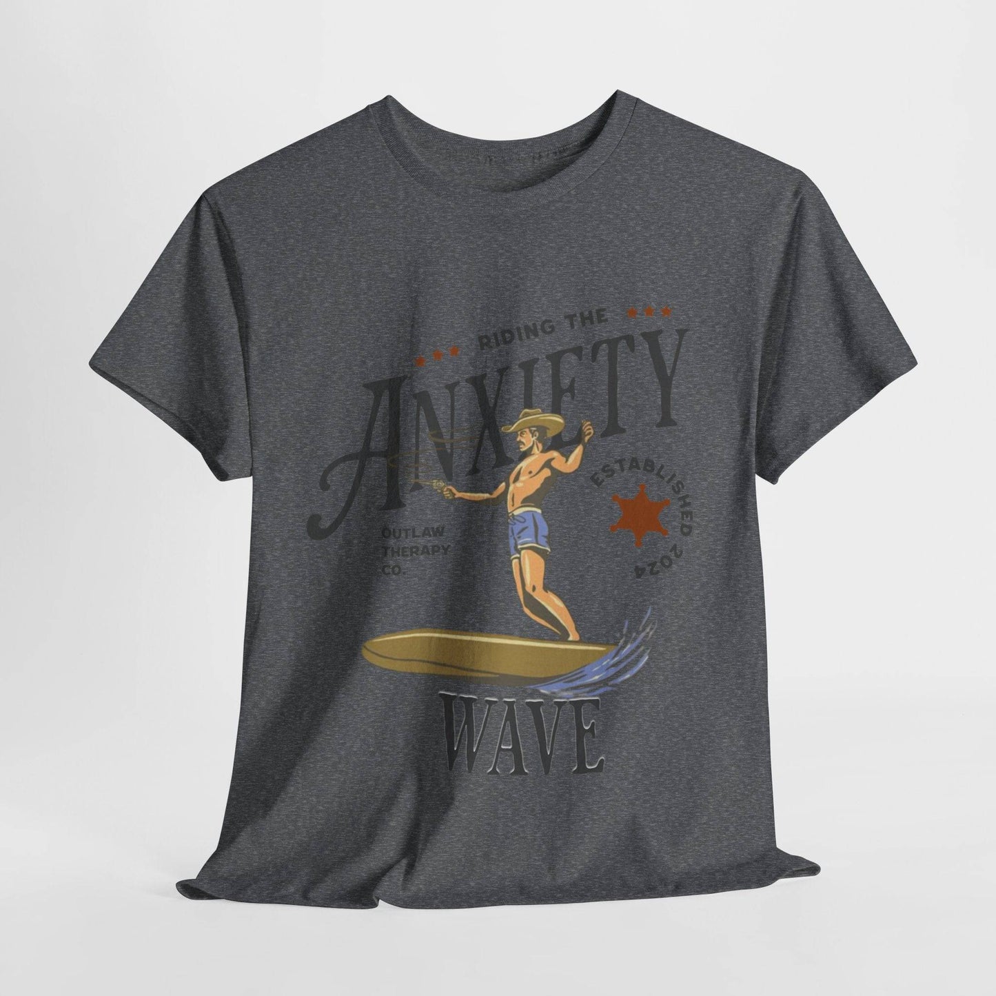 Riding the Anxiety Wave Unisex Heavy Cotton Tee - Relaxed Fit Stress Relief Shirt - Its Fine, I Am Fine